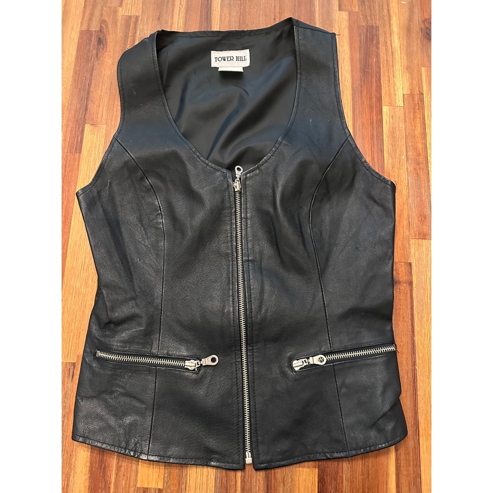 Tower Hill Leather Vest Womens Medium Black Excellent Zip Front Moto Biker Edgy